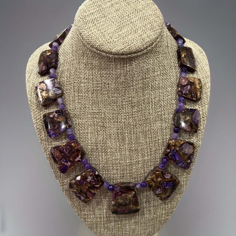 Artisan Purple Copper Tone Beaded Statement Necklace 22"